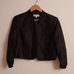 Kasper black sheen bolero with open shaw collar & ruched sleeves